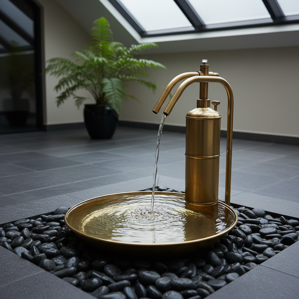 A striking brass blowtorch water fountain placed on a low, square slate platform surrounded by smooth black river stones. The vintage blowtorch tank forms the central column, with precisely routed brass tubing emerging from the nozzle, arcing gracefully into a thin, continuous sheet of water cascading into a shallow basin. Tiny ripples and reflections play on the satin-brushed brass surface. The setting is a quiet, modern interior courtyard with dark stone tiles and a single large potted fern in the soft-focus background. Diffused natural light from a skylight above creates gentle, cool highlights on the water and warm glints on the brass. Photographic realism, shot from a slightly elevated angle, evoking serene, meditative sophistication.