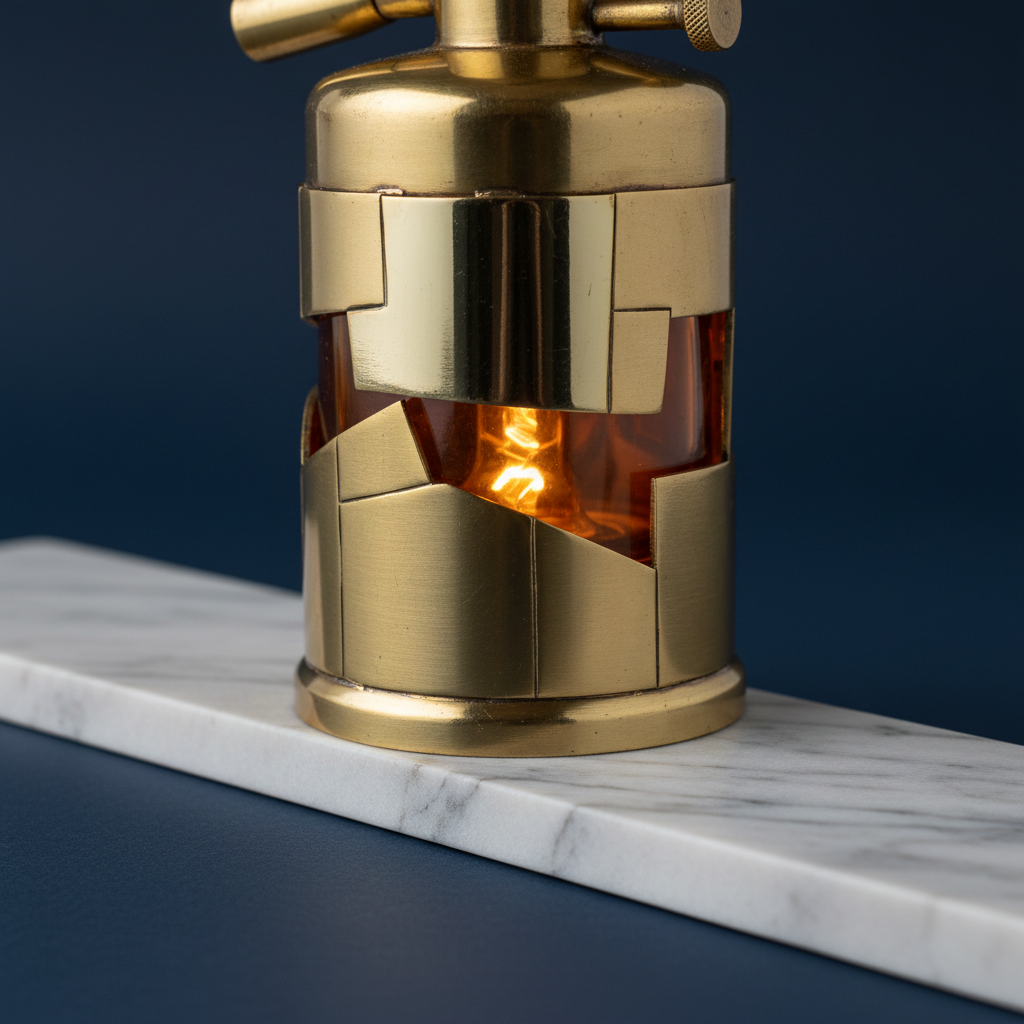 A close-up, highly detailed photographic realism image of a brass blowtorch sculpture transformed into an abstract architectural form. The blowtorch base is wrapped in precision-cut brass panels, some mirror polished, others softly satin, creating a mosaic of textures. Delicate perforations in the metal reveal glimpses of an inner warm amber glass core, suggesting hidden illumination. The sculpture rests on a narrow strip of honed white marble, with a blurred background of deep navy blue. A single, controlled side light rakes across the surface, accentuating fine scratches, rivets, and solder seams. Shot from a low angle with extreme shallow depth of field, the composition emphasizes the refined craftsmanship and creates a contemplative, gallery-like atmosphere.