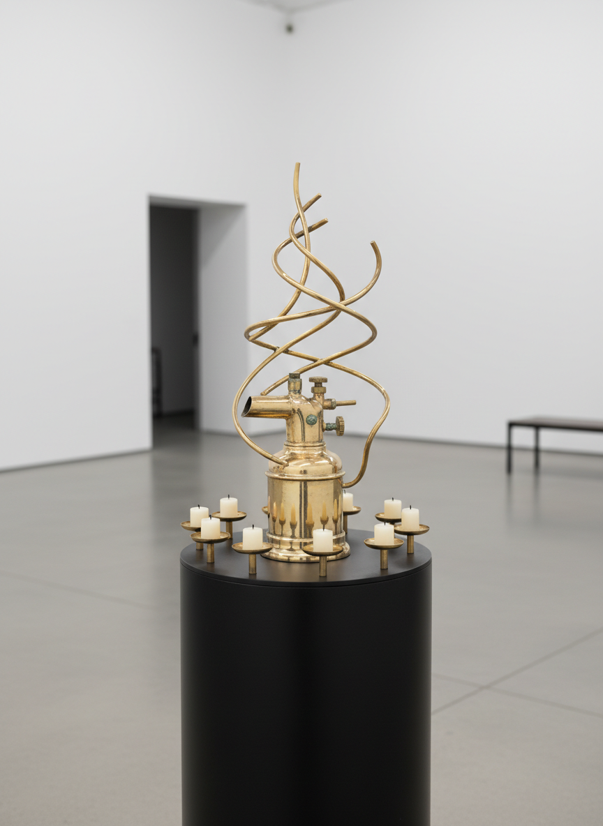 A meticulously crafted brass blowtorch sculpture displayed on a matte black pedestal in a minimalist gallery setting. The vintage blowtorch body has been polished to a soft champagne sheen, with subtle patina in recessed details and carefully welded abstract brass filigree spiraling upward. Around the base, a circular arrangement of small, integrated brass candle cups holds unlit cream-colored candles. Soft studio lighting from above and slightly to the side creates elegant highlights on each curve and throws gentle, elongated shadows on the pale concrete floor. Photographic realism, shot at eye level with a shallow depth of field, the sculpture centered while the background recedes into a soft blur, conveying a sophisticated, museum-quality atmosphere.