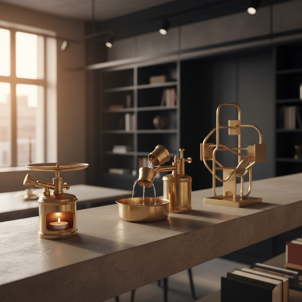 An intricate tabletop composition featuring three distinct brass blowtorch sculptures arranged on a long, raw concrete shelf. One has been converted into a minimalist candle warmer with a low, circular brass plate; another into a tiered water fountain with thin streams flowing into stacked brass cups; the third into a purely abstract form with intertwined brass rods and geometric plates. The setting is a sophisticated loft interior with a blurred backdrop of dark built-in shelving and subtle architectural lines. Soft, late-afternoon natural light filters from a large unseen window, mingling with understated track lighting from above, creating layered highlights and soft shadow gradients. Photographic realism, captured at eye level with moderate depth of field, the arrangement suggests a curated portfolio, exuding calm, intellectual refinement.