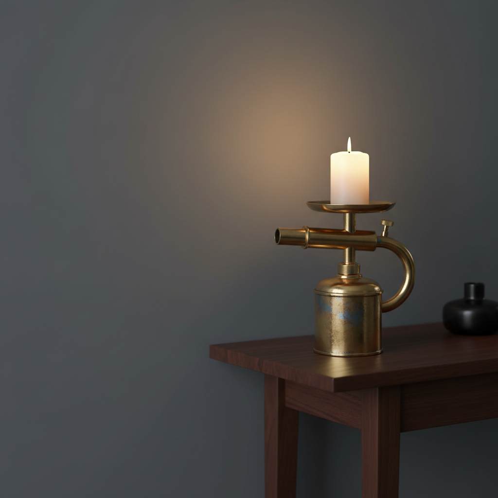 An elegant brass blowtorch candle warmer resting on a narrow, dark walnut console against a smooth, charcoal-gray wall. The original blowtorch handle and tank are preserved, but the nozzle has been transformed into a shallow, circular brass dish holding a single ivory pillar candle. The metal surface shows a refined mix of polished highlights and subtle heat-tempered blues and browns. Warm, directional lighting from a hidden overhead source creates a golden glow on the brass and a refined halo of candlelight on the wall, though the candle remains unlit. Captured in photographic realism from a three-quarter angle, the composition uses rule of thirds, with negative space emphasizing the sculptural form and a calm, sophisticated mood.