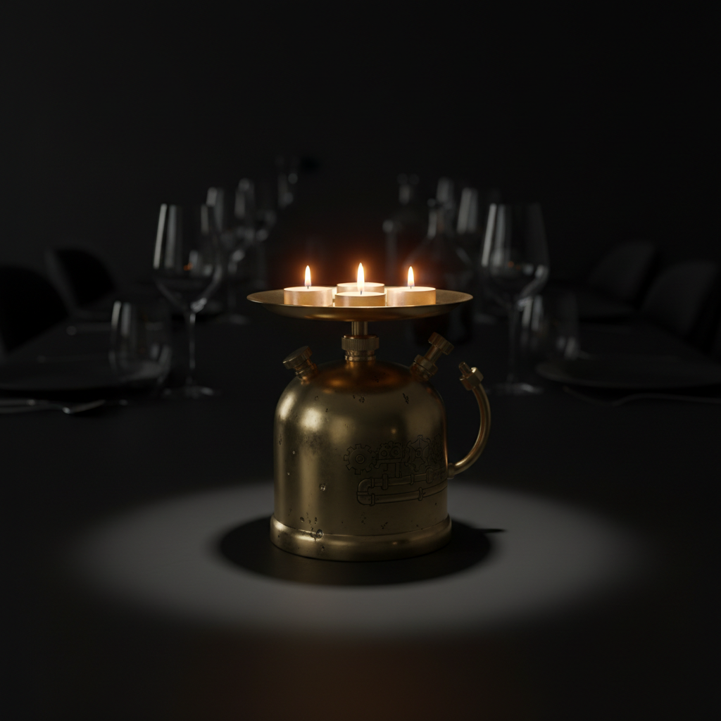 A dramatic, low-lit photographic realism scene of a single brass blowtorch candle warmer functioning as a centerpiece on a long, matte black dining table. The blowtorch has been elegantly modified so the flame area holds a shallow, circular brass tray with several small tea-light candles, their flames reflected in the gently curved tank. The brass surface shows subtle wear, tiny dents, and traces of original engraving, emphasizing its industrial origin. A narrow beam of overhead light focuses on the piece, leaving the surroundings in deep, velvety shadow, with only a hint of glassware silhouettes in the background bokeh. Shot from a low, slightly oblique angle, the image feels luxurious, intimate, and perfectly suited to a sophisticated design portfolio.